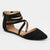 A black pointed-toe flat sandal with multiple wraparound ankle straps, shown from a side profile on a light gray background.