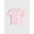 A light pink short-sleeve top with a vertical ribbed texture and an all-over pattern of small pink bows, shown flat against a light gray background.