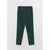 A pair of dark forest green trousers laid flat against a light gray background.