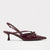 A single dark burgundy patent leather kitten heel slingback shoe with a pointed toe, delicate strappy details, and a bow on the instep, shown against a plain light gray background.