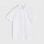 A white short-sleeve button-up shirt with a classic collar, laid flat against a light gray background.