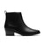 A black leather Chelsea-style ankle boot with a low block heel, side gusset, and a pull loop, shown in profile against a white background.