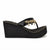 A black platform wedge sandal with a patent leather strap featuring a gold chain and charm embellishment, shown from a side profile on a white background.