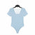 A light blue short-sleeve bodysuit with a crisscross lace-up back, displayed on a black hanger against a plain white background.
