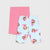 A pair of toddler leggings shown flat on a light gray background, featuring a light blue and pink mermaid pattern with a cartoon girl in a pink float, with a solid pink pair of leggings folded behind them.