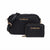 A black quilted crossbody bag with a matching zippered pouch, both featuring gold-tone 'bebe' branding and hardware, set against a plain white background.