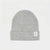 A light gray heather knit beanie hat with a folded cuff, featuring a small white rectangular tag on the side that reads 'LET'S GET COZY'. The hat is photographed against a clean, solid white background.