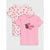 Two children's short-sleeve t-shirts in pink, displayed as a set. The front shirt is solid light pink with a 'little love bug' ladybug graphic, and the back shirt is white with a red ladybug and heart pattern.