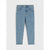 Light blue denim skinny jeans for kids, featuring a straight-to-cropped leg, classic five-pocket design, and subtle distressed rips on the thighs and knees, shown flat on a light gray background.