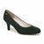 A dark forest green suede pump with a kitten heel and a small gold button accent on the side, shown against a plain white background.
