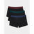 Three pairs of men's boxer briefs stacked diagonally on a light gray background. The front pair is black with a blue waistband, the middle pair is black with a teal waistband, and the back pair is black with a burgundy waistband.