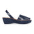 A navy blue leather wedge sandal with a slingback strap and open toe, shown in a side profile view against a plain white background.