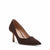 A single dark brown suede pointed-toe pump with a slim high heel, shown from a three-quarters angle on a clean white background.