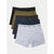 A set of five SinSay men's boxer briefs in different colors (black, olive green, charcoal gray, navy blue, and light heather gray) arranged in a fan shape on a light gray background.