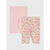 Two pairs of children's leggings laid flat on a light gray background. The back pair is solid light pink, and the front pair has a dense floral print with pink, peach, white, and gray flowers on a pale beige background.