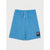 Blue heathered athletic shorts with a white drawstring and a black 'Skate NY X' brand patch on the lower left hem, displayed flat against a light gray background.