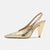 A single metallic gold slingback pump with a pointed toe and a textured crocodile-embossed pattern, shown from a side profile on a light gray background.