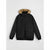 A black hooded winter jacket with a tan faux-fur trimmed hood, displayed flat against a light gray background.