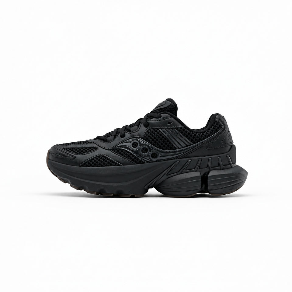 White running shoe with black accents on a white background