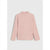 A light pink ribbed knit mock neck sweater with long sleeves, displayed flat against a light gray background.