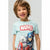 A smiling young boy wearing a light blue Marvel t-shirt with Captain America printed on the front, set against a plain light gray studio background.