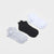 Three pairs of low-cut ankle socks laid flat on a light gray background: one pair is light gray heather, one pair is solid black, and one pair is solid white.