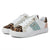 A pair of low-top sneakers by Guess, featuring leopard print panels on the toe caps, white leather overlays, a glittery light blue-green side stripe with the Guess logo, and a light pink heel accent, set against a plain white background.