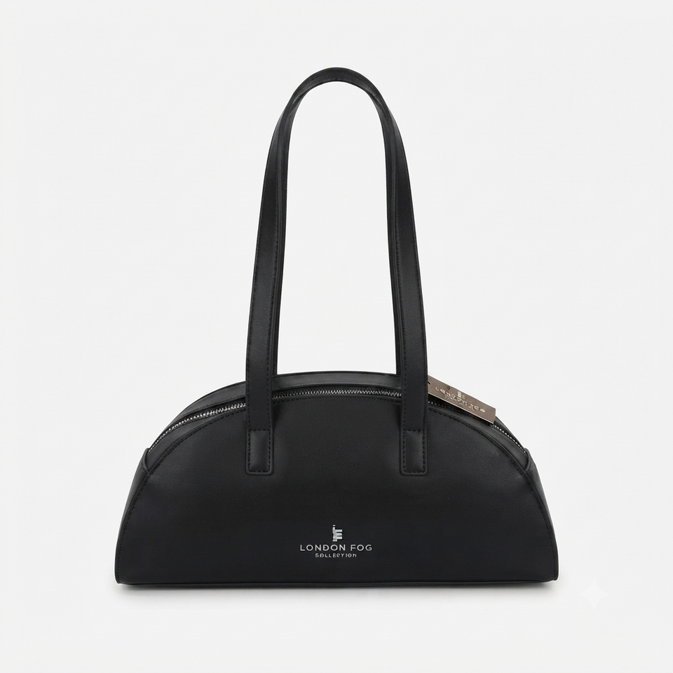 A black leather dome-shaped handbag with double top handles, a top zipper closure, and the London Fog logo printed in white on the front, set against a plain light gray background.