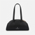 A black leather dome-shaped handbag with double top handles, a top zipper closure, and the London Fog logo printed in white on the front, set against a plain light gray background.