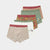 A 5-pack of children's boy's boxer briefs in various patterns and colors, including stripes, solid green, and a brown insect print, arranged diagonally on a light gray background.