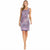 A woman modeling a sleeveless knee-length sheath dress with an intricate paisley and floral pattern in shades of purple, pink, and blue, set against a plain white background.