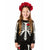 A young girl modeling a black skeleton-themed costume set, featuring a long-sleeve top with a white skeleton print and a red rose on the chest, matching black pants with white skeleton details, and a red flower crown headband.