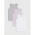 Three sleeveless tank tops in heather gray, light pink, and white, arranged in a stacked overlapping layout on a light gray background.