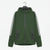 A dark green hooded zip-up sweatshirt with white three-stripes on the sleeves, hanging on a black hanger against a plain white background.