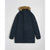 A dark navy blue parka jacket with a brown faux-fur trimmed hood, displayed flat against a light gray background.