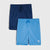 Two pairs of athletic shorts, one in navy blue and one in light blue, displayed flat against a light gray background. The light blue pair features a small white logo on the lower left leg.