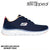 A navy blue Skechers Flex Appeal sneaker with a white sole, featuring the Skechers logo on the side and a pink heel pull tab, shown against a white background with text overlays.