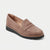 A single taupe-brown suede penny loafer shoe with a chunky black lug sole, shown from a three-quarters angle on a light gray background.