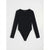 A black long-sleeve bodysuit with a crew neck and side cutouts, laid flat against a light gray background.