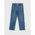A pair of medium-wash blue denim jeans with a straight-leg fit, shown flat against a light gray background.