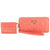 A coral pink quilted wallet and matching card holder set by Bebe London, featuring gold-tone hardware and a wristlet strap, shown on a plain white background.