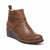 A brown faux-leather ankle boot with a wedge heel, a decorative strap across the instep with a metal ring detail, and a pull tab at the back collar, shown on a white background.