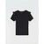 A black short-sleeve t-shirt with ruffled shoulder details, laid flat against a light gray background.