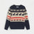 A navy blue knit sweater with a cream and red Nordic/Fair Isle pattern featuring moose silhouettes and snowflakes, laid flat against a light gray background.
