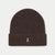 A dark brown ribbed knit beanie hat featuring a small white embroidered letter 'A' on the front of the folded cuff, shown against a light gray background.