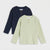 Two long-sleeve ribbed henley shirts for kids by Simple Life, shown in navy blue and pale sage green on a light gray background.