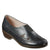 A black leather slip-on wedge shoe with triangular cutouts on the toe and side, shown from a three-quarters angle against a plain white background.