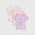 Three children's short-sleeve T-shirts in pastel colors, arranged in a fan layout on a light gray background. The front shirt is lavender with pink butterflies and the text 'sweet girl', the middle is light pink, and the back is cream with pink and purple butterflies.