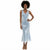 A woman modeling a light blue sequined sleeveless maxi dress with a tie-neck detail, set against a plain white background.