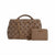 A brown woven leather handbag with a top handle, gold chain strap, and a matching zip-around wallet, both featuring a gold 'bebea' logo, set against a plain white background.